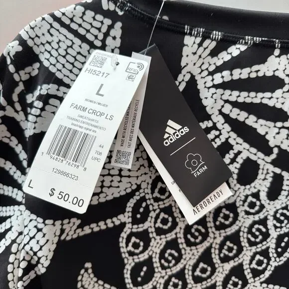 FARM Rio X Adidas Long Sleeve Black White Floral Crop Top - Picture 4 of 5